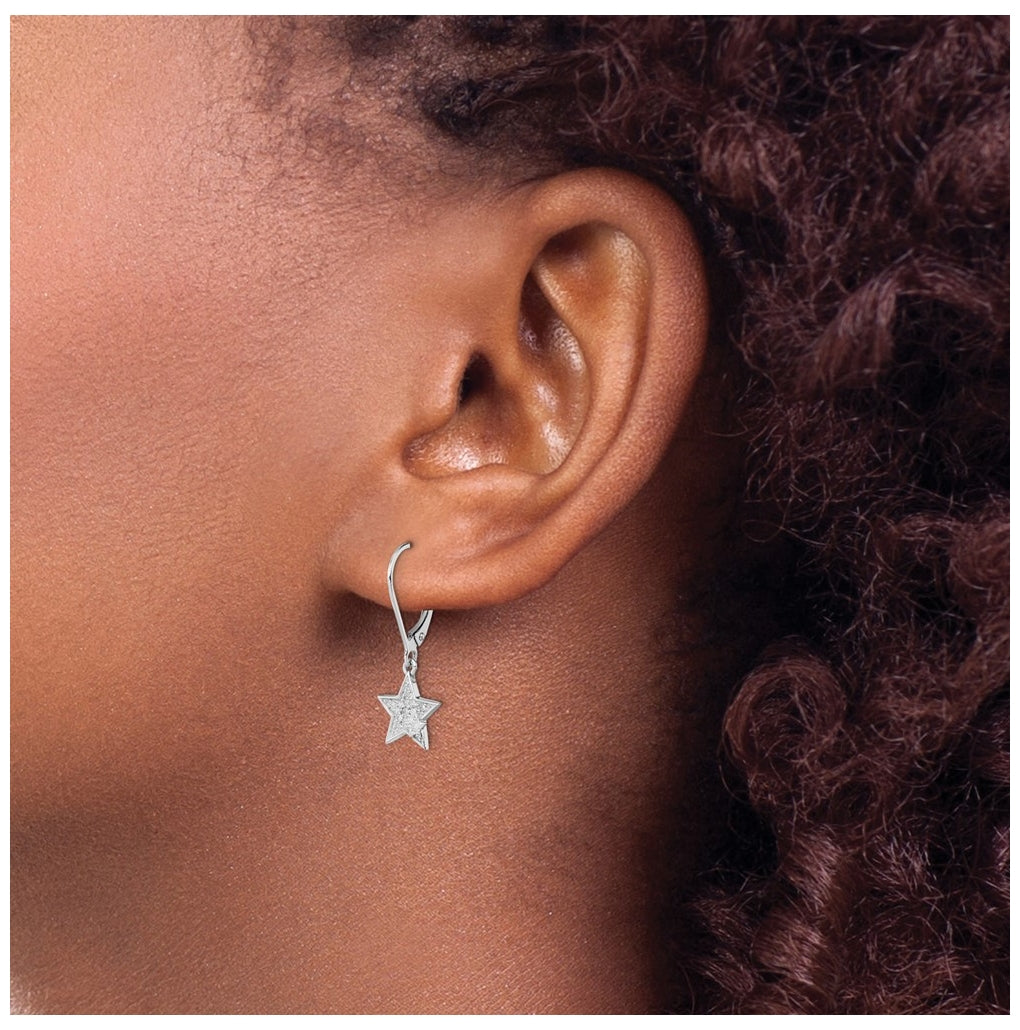Sterling Silver Rhodium Plated Diamond Star Leverback Earrings – Elegant Jewelry Gift for Birthday, Anniversary, Engagement, Wedding
