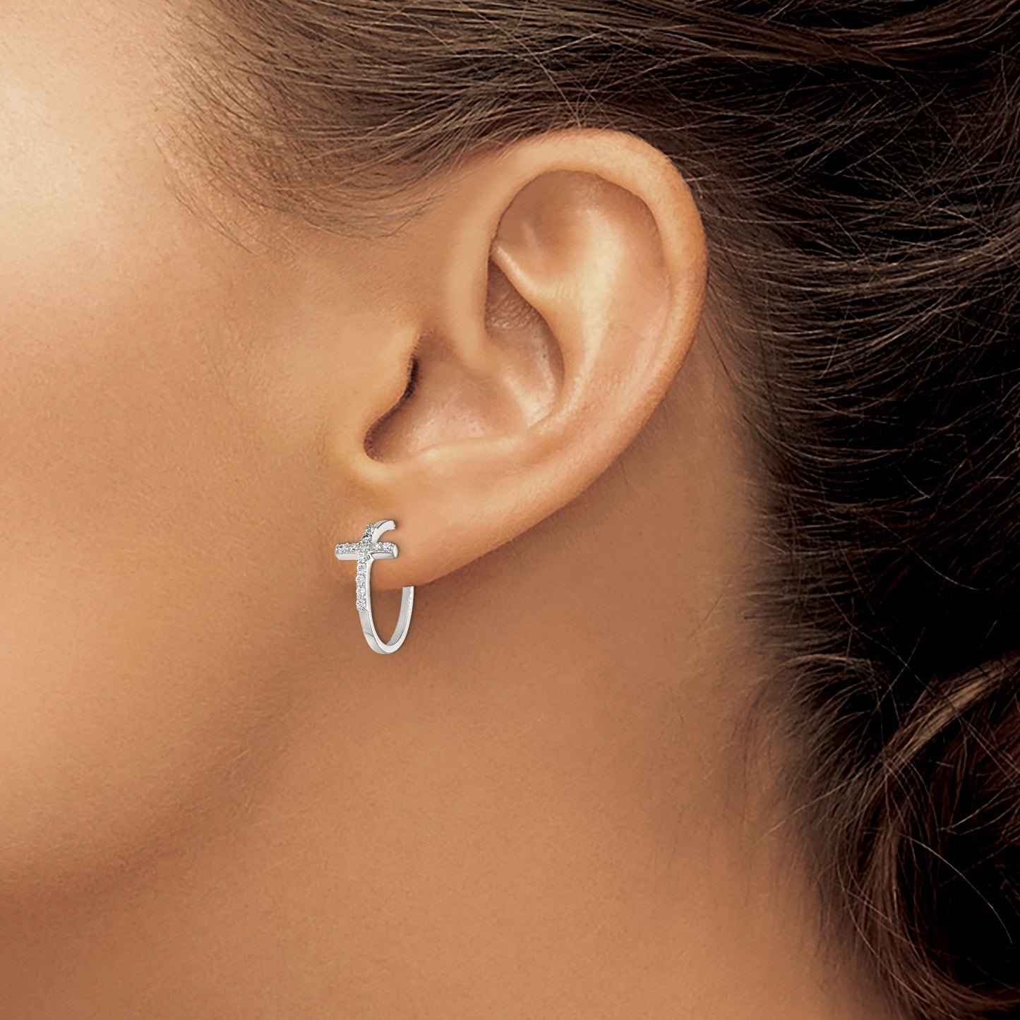 Sterling Silver Rhodium plated Cubic Zirconia Cross Hoop Earrings