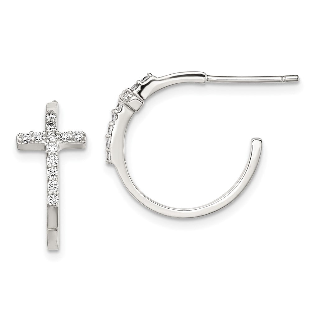 Sterling Silver Rhodium plated Cubic Zirconia Cross Hoop Earrings