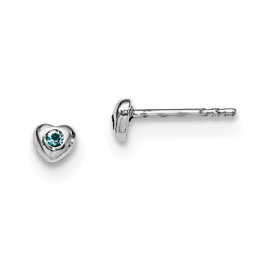 Sterling Silver Madi K Rhodium plated Polished March Light Blue Preciosa Crystal Heart Children's Post Earrings