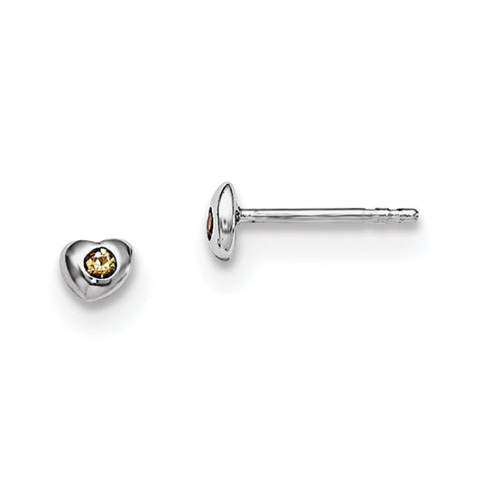 Sterling Silver Madi K Rhodium plated Polished November Yellow Preciosa Crystal Heart Children's Post Earrings
