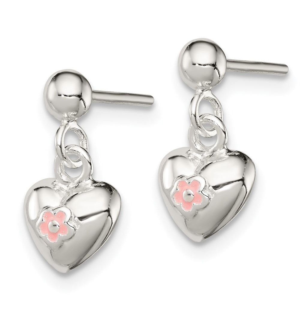 Sterling Silver Polished Pink Enamel Flower Heart Children's Post Dangle Earrings