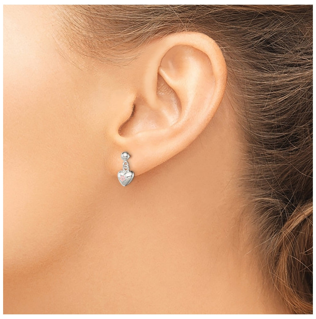 Sterling Silver Polished Pink Enamel Flower Heart Children's Post Dangle Earrings