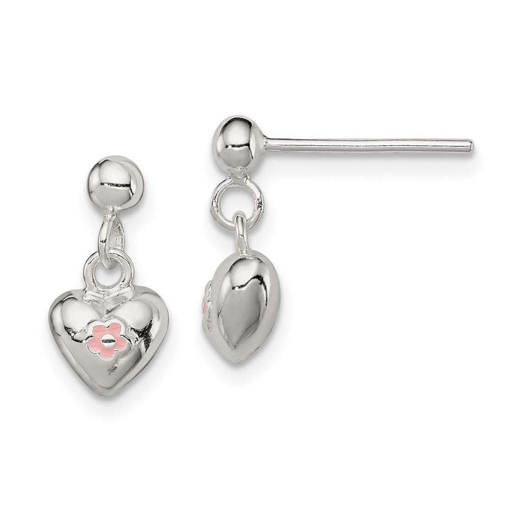 Sterling Silver Polished Pink Enamel Flower Heart Children's Post Dangle Earrings