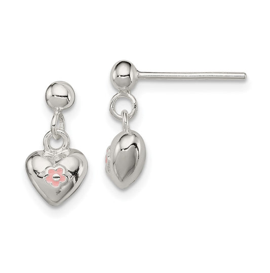 Sterling Silver Polished Pink Enamel Flower Heart Children's Post Dangle Earrings