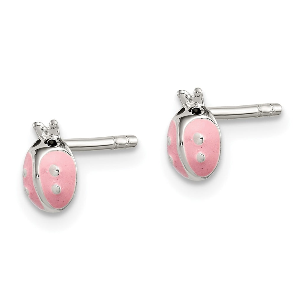 Sterling Silver Polished Pink Enamel Ladybug Children's Post Earrings