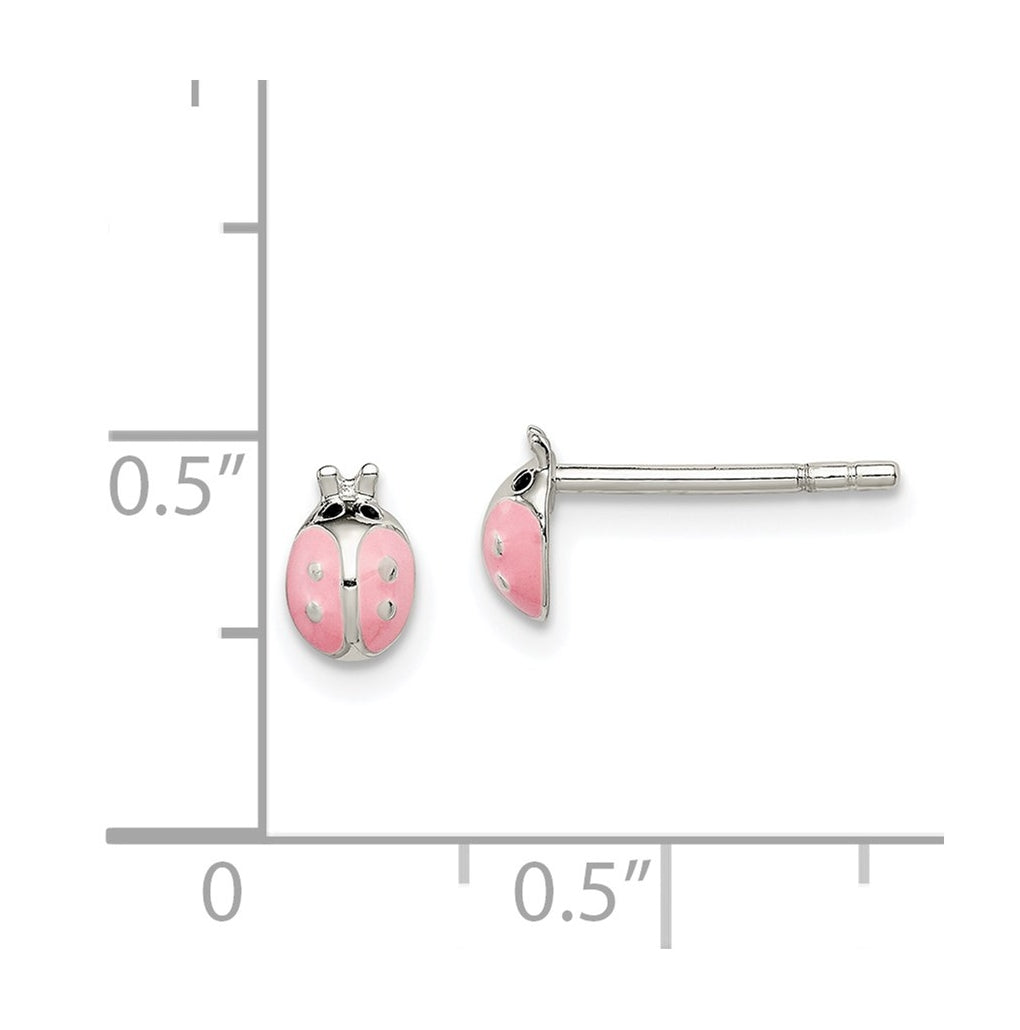 Sterling Silver Polished Pink Enamel Ladybug Children's Post Earrings