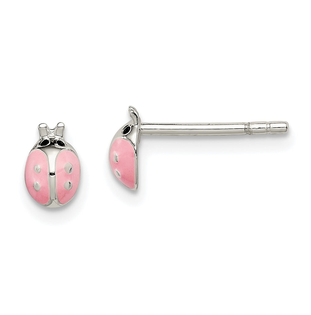 Sterling Silver Polished Pink Enamel Ladybug Children's Post Earrings