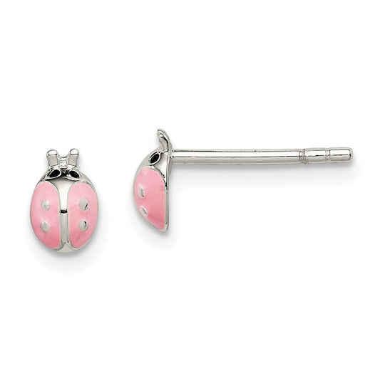 Sterling Silver Polished Pink Enamel Ladybug Children's Post Earrings