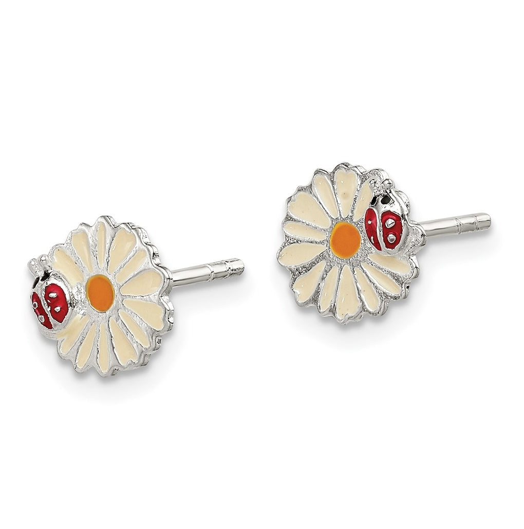 Sterling Silver Polished & Multi-color Enameled Flower & Ladybug Children's Post Earrings