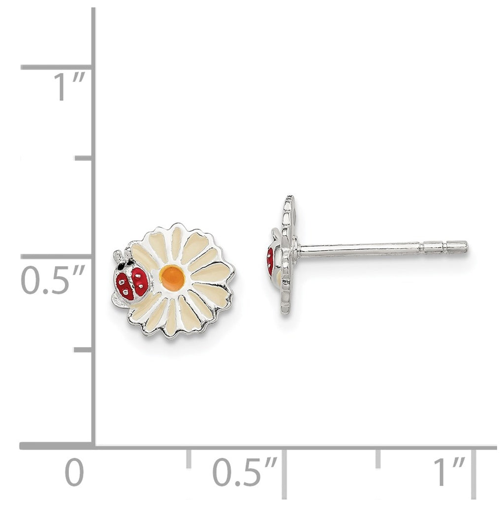 Sterling Silver Polished & Multi-color Enameled Flower & Ladybug Children's Post Earrings