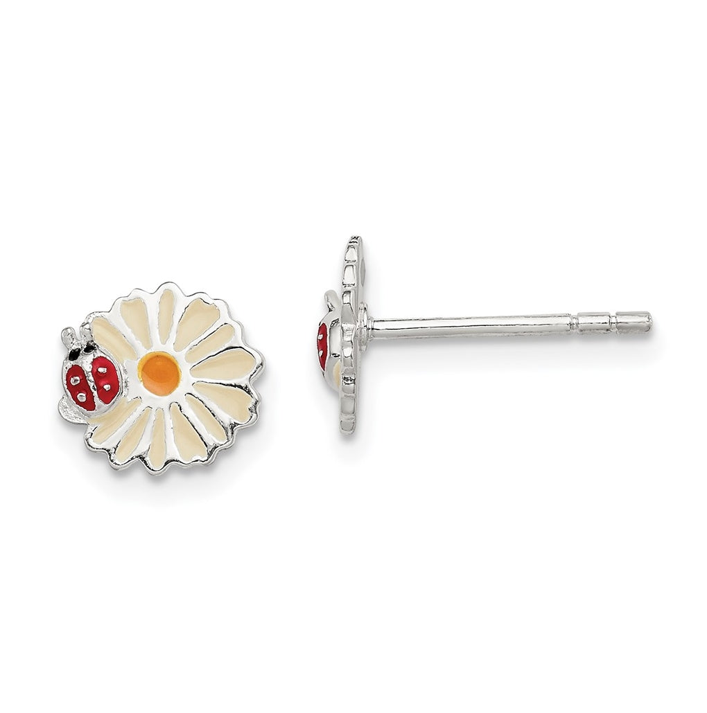 Sterling Silver Polished & Multi-color Enameled Flower & Ladybug Children's Post Earrings