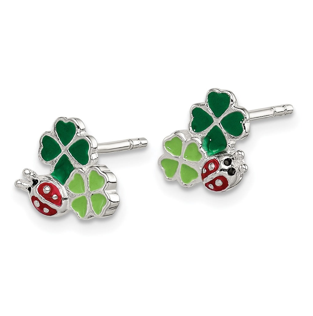 Sterling Silver Enamel Ladybug & Clovers Children's Post Earrings
