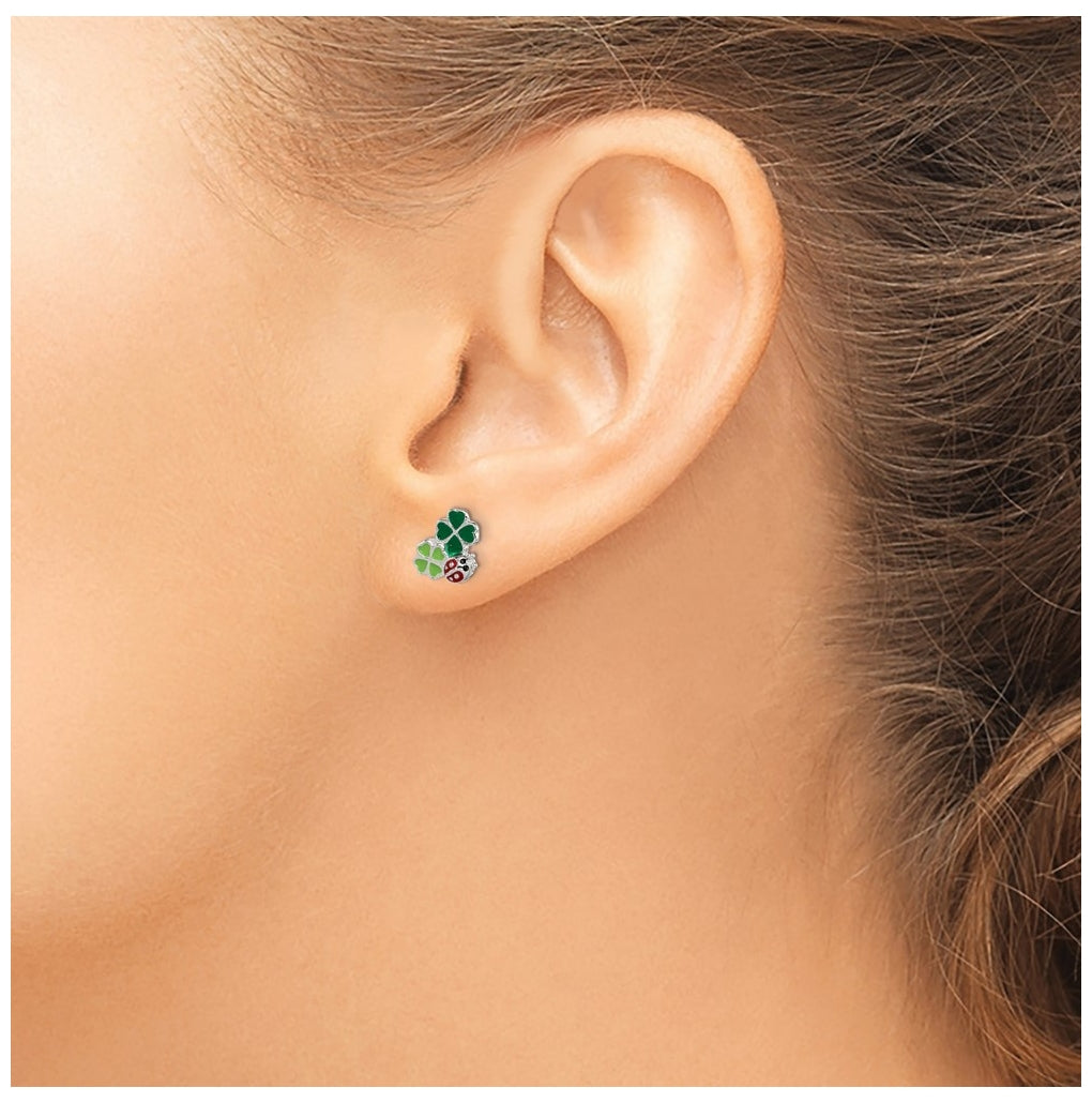Sterling Silver Enamel Ladybug & Clovers Children's Post Earrings