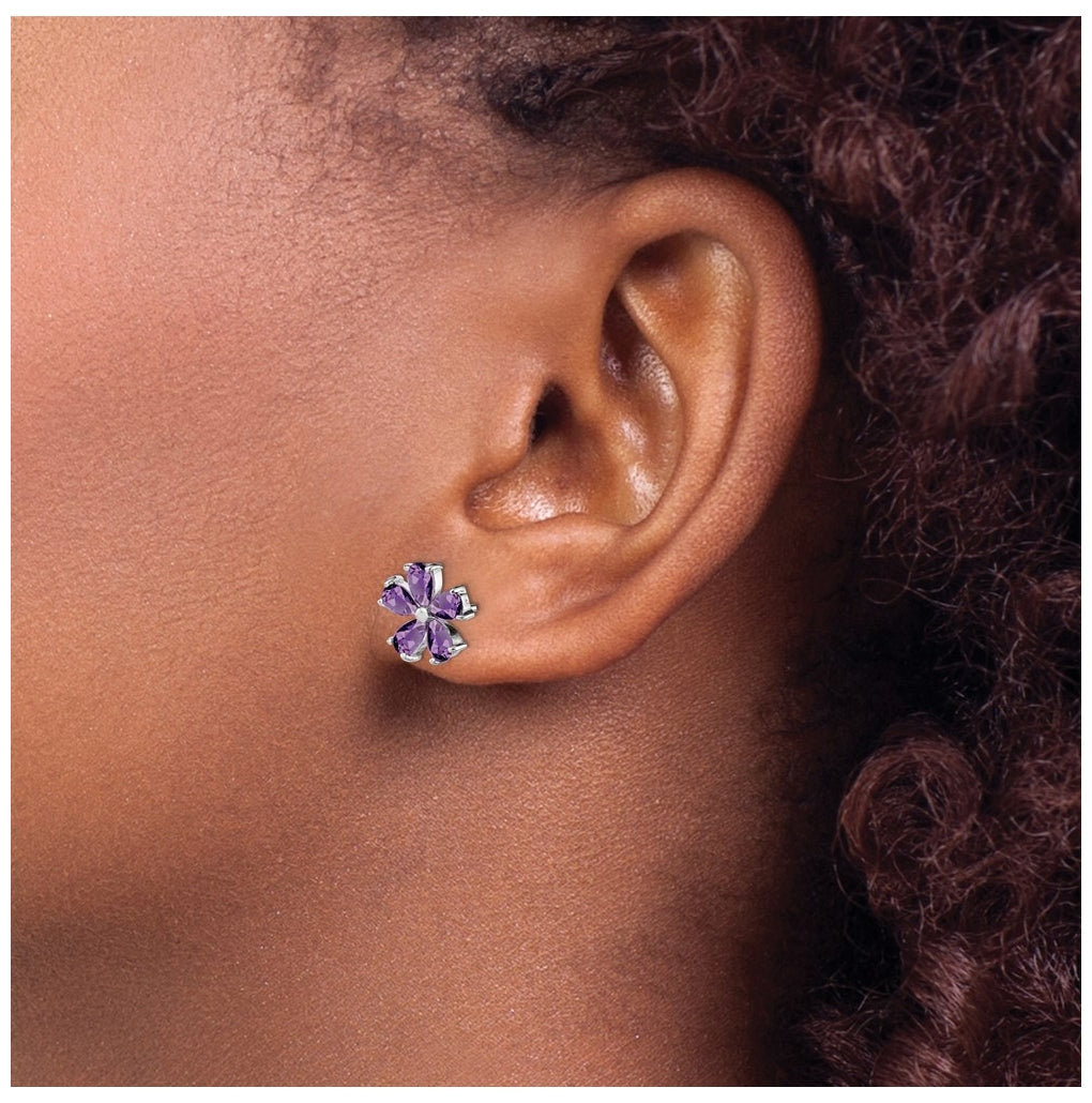 Sterling Silver Rhodium Plated Amethyst Floral Earrings – Elegant Jewelry Gift for Birthday, Anniversary, Engagement, Wedding