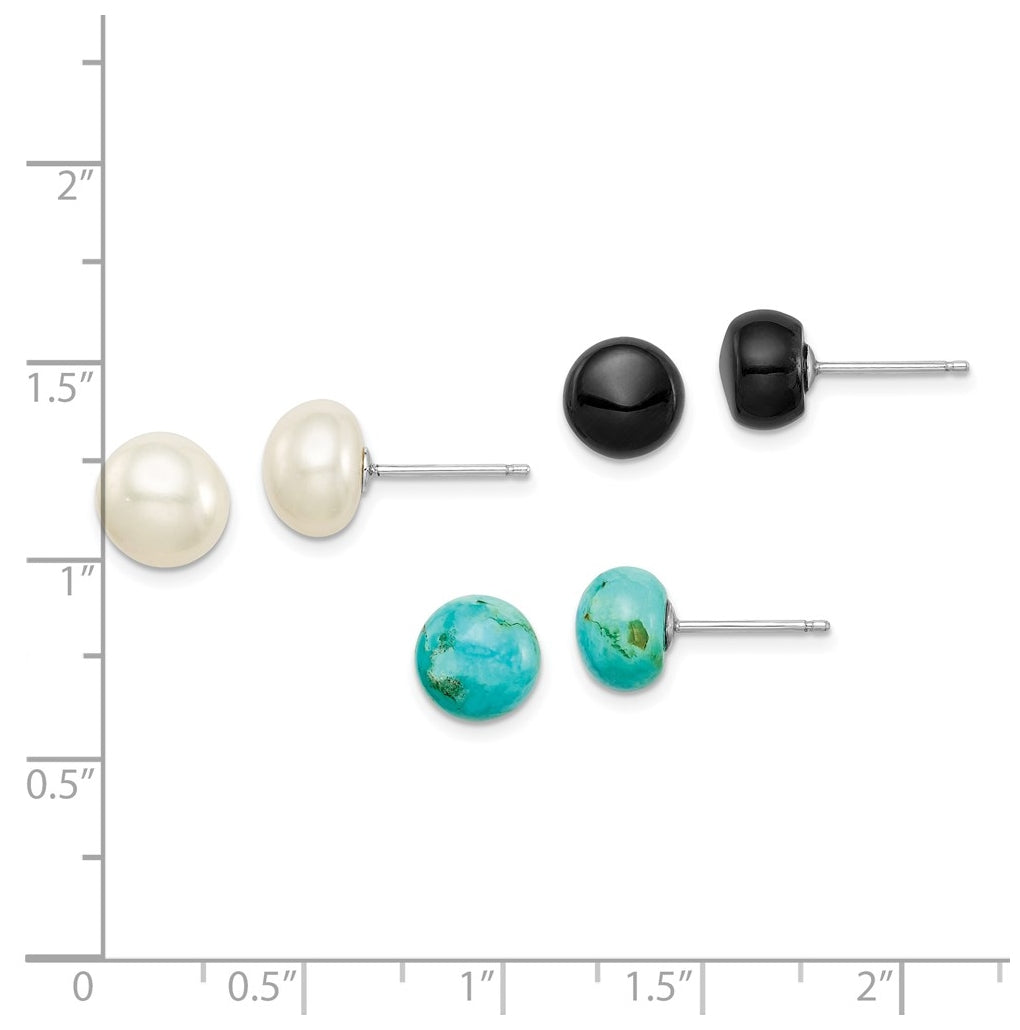 Sterling Silver Rhodium-plated 8-8.5mm Button FWC Pearl/Stab.Turq/Blk Agate Set – Elegant Jewelry Gift for Birthday, Anniversary, Engagement, Wedding