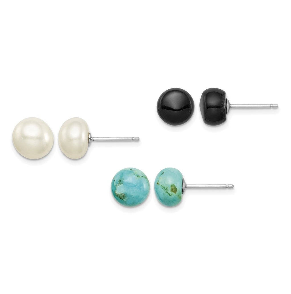 Sterling Silver Rhodium-plated 8-8.5mm Button FWC Pearl/Stab.Turq/Blk Agate Set – Elegant Jewelry Gift for Birthday, Anniversary, Engagement, Wedding