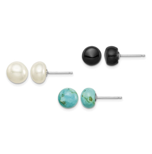 Sterling Silver Rhodium-plated 8-8.5mm Button FWC Pearl/Stab.Turq/Blk Agate Set – Elegant Jewelry Gift for Birthday, Anniversary, Engagement, Wedding