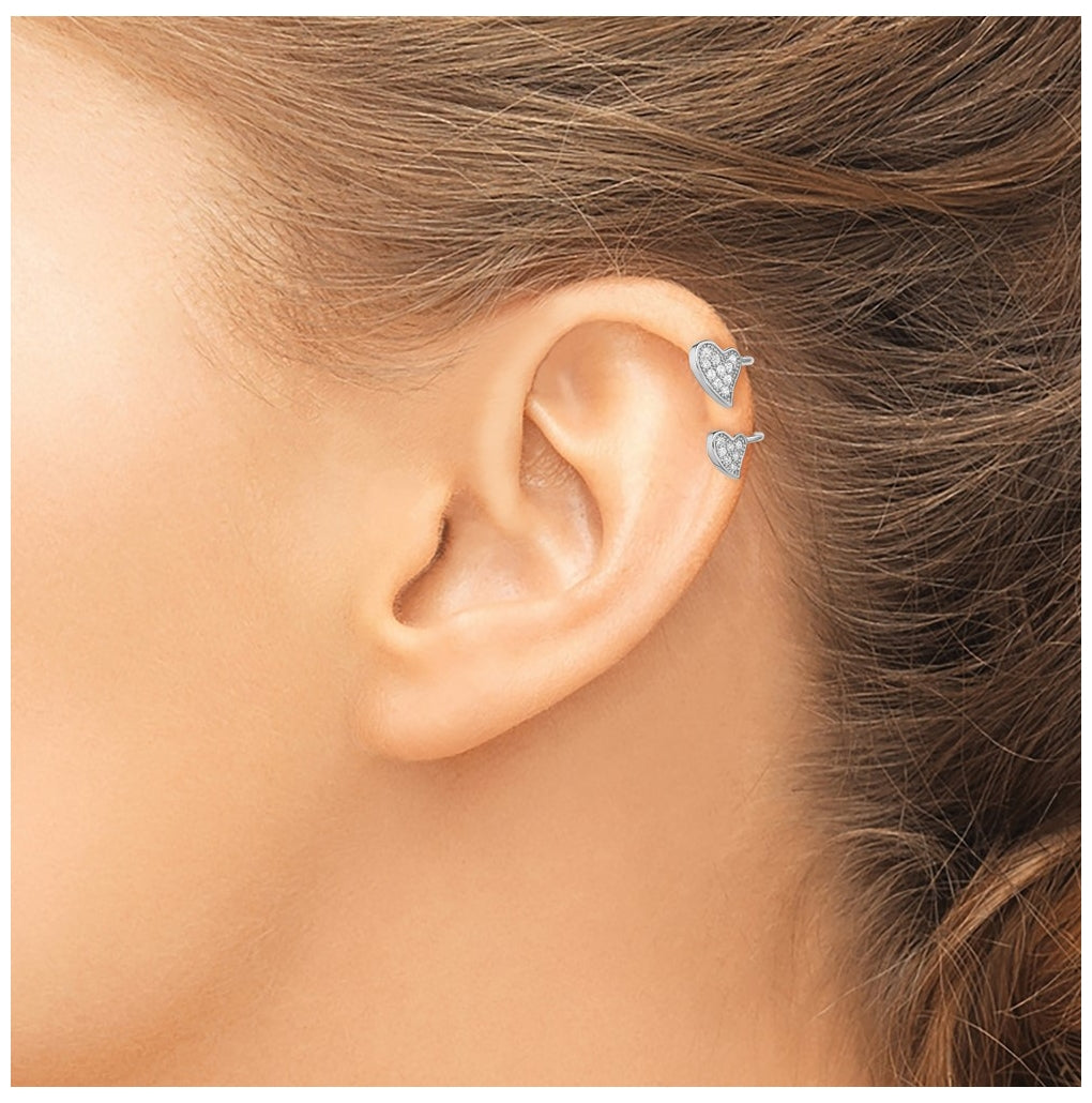 Sterling Silver Rhodium-plated Polished Cubic Zirconia Double Heart Right Cuff Earring – Elegant Jewelry Gift for Birthday, Anniversary, Engagement, Wedding