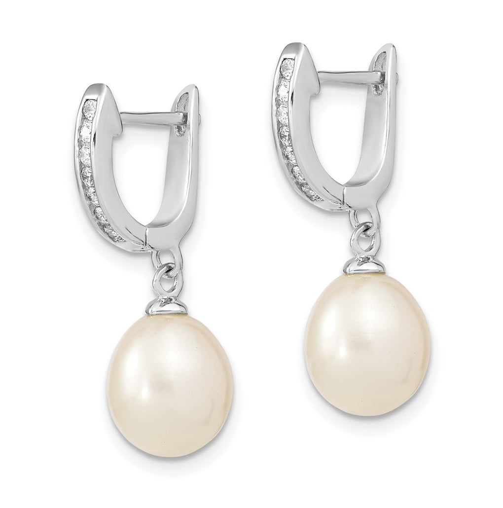 Sterling Silver Rhodium-plated 8-9mm Rice FWC Pearl Cubic Zirconia Dangle Hoop Earrings – Elegant Jewelry Gift for Birthday, Anniversary, Engagement, Wedding