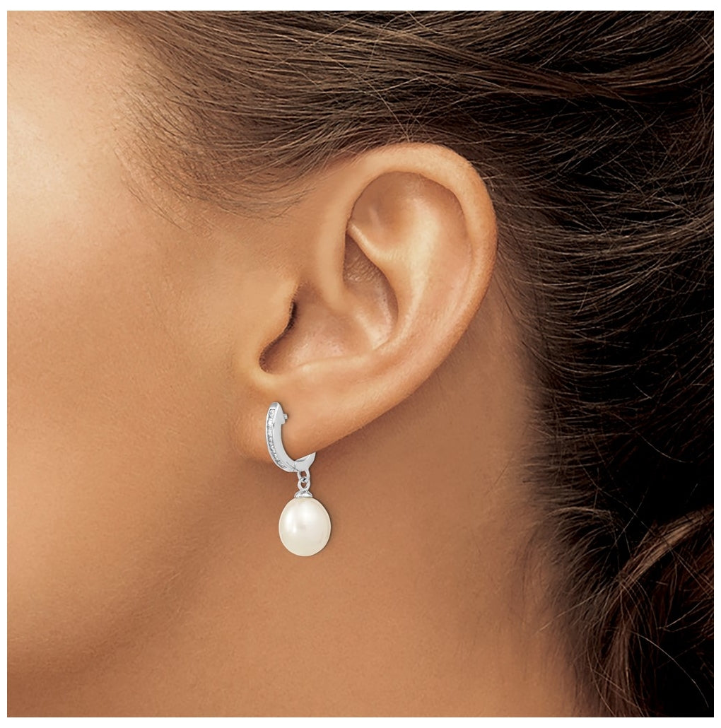Sterling Silver Rhodium-plated 8-9mm Rice FWC Pearl Cubic Zirconia Dangle Hoop Earrings – Elegant Jewelry Gift for Birthday, Anniversary, Engagement, Wedding