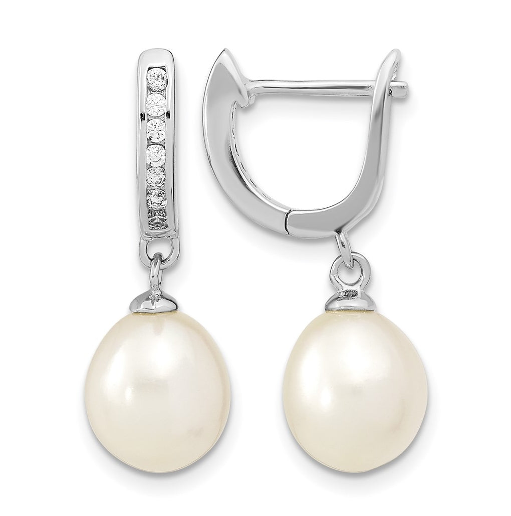 Sterling Silver Rhodium-plated 8-9mm Rice FWC Pearl Cubic Zirconia Dangle Hoop Earrings – Elegant Jewelry Gift for Birthday, Anniversary, Engagement, Wedding