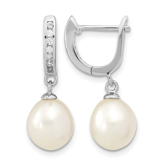 Sterling Silver Rhodium-plated 8-9mm Rice FWC Pearl Cubic Zirconia Dangle Hoop Earrings – Elegant Jewelry Gift for Birthday, Anniversary, Engagement, Wedding