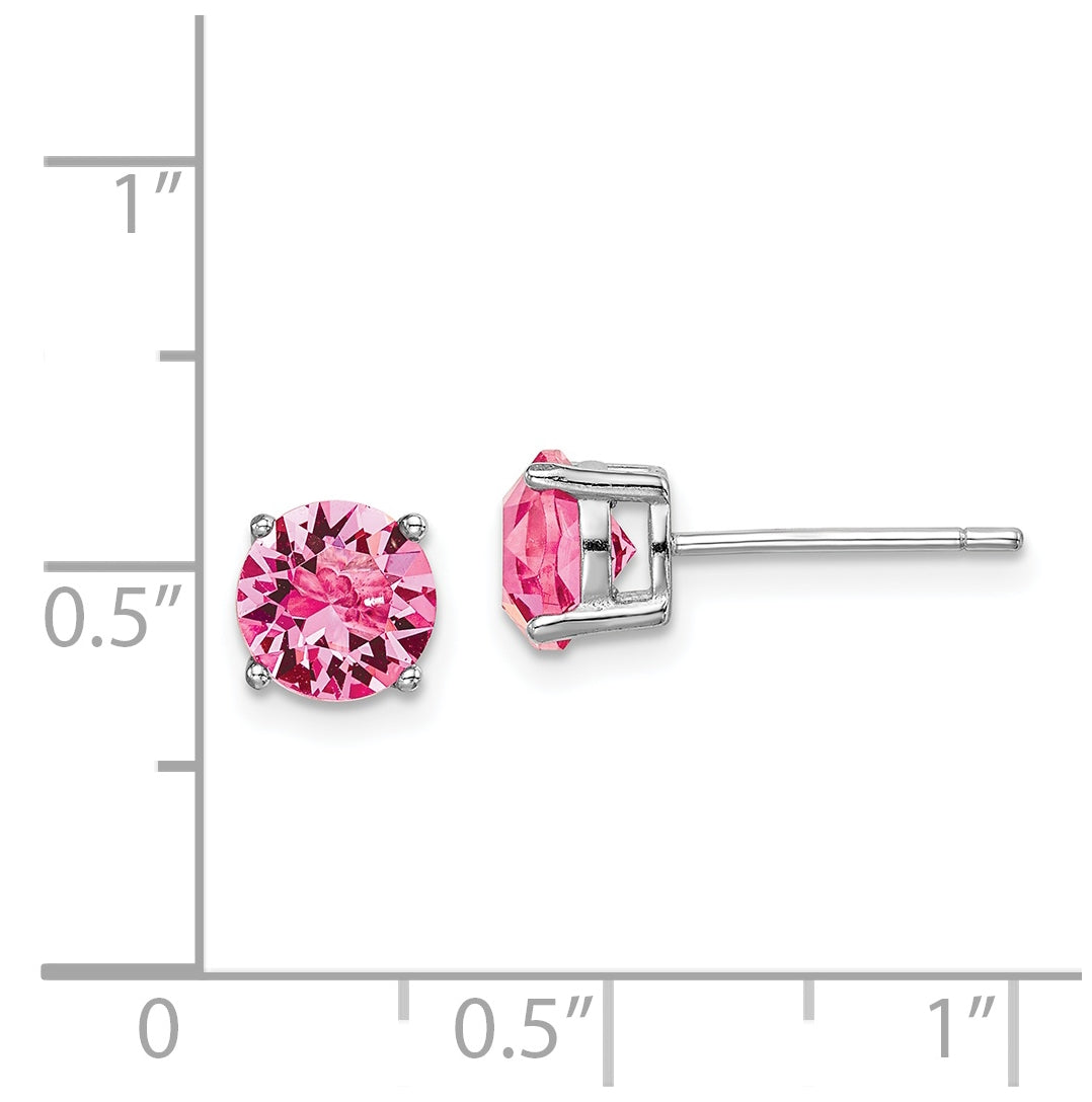 Sterling Silver Rhodium Plated Pink Crystal Birthstone Earrings