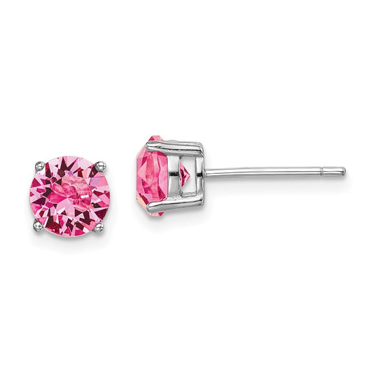 Sterling Silver Rhodium Plated Pink Crystal Birthstone Earrings