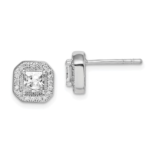 Sterling Silver Rhodium Plated Square Clear Center and Clear Cubic Zirconia Post Earrings, April