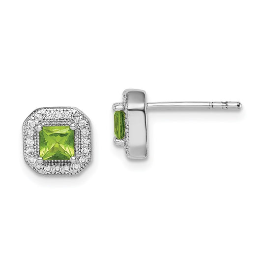 Sterling Silver Rhodium Plated Square Green and Clear Cubic Zirconia Post Earrings, August