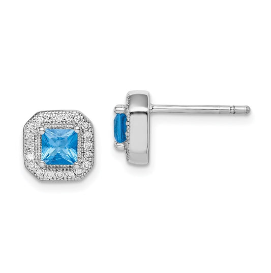 Sterling Silver Rhodium Plated Square Blue and Clear Cubic Zirconia Post Earrings, December