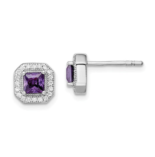 Sterling Silver Rhodium Plated Square Purple Cubic Zirconia and Clear Cubic Zirconia Post Earrings, February