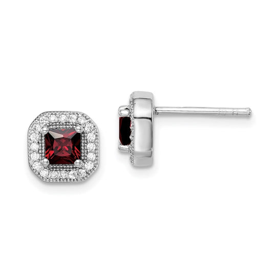 Sterling Silver Rhodium Plated Square Red Cubic Zirconia and Clear Cubic Zirconia Post Earrings, January