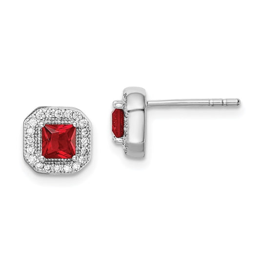 Sterling Silver Rhodium Plated Square Red Cubic Zirconia and Clear Cubic Zirconia Post Earrings, July