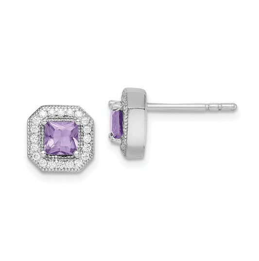 Sterling Silver Rhodium Plated Square Light Purple and Clear Cubic Zirconia Post Earrings, June