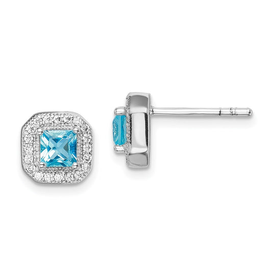 Sterling Silver Rhodium Plated Square Light Blue and Clear Cubic Zirconia Post Earrings, March