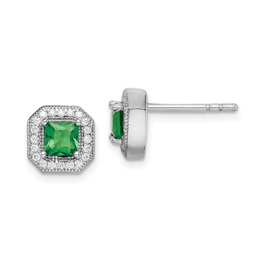 Sterling Silver Rhodium Plated Square Green and Clear Cubic Zirconia Post Earrings, May