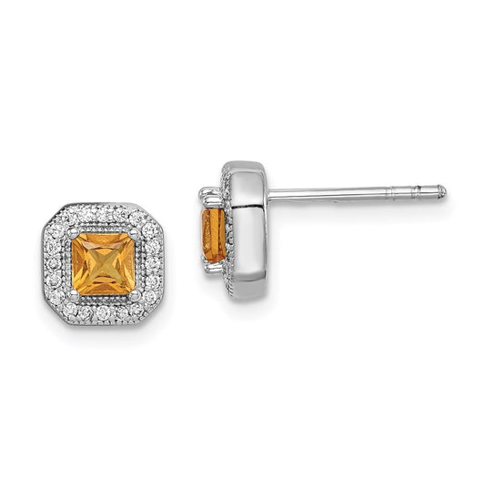 Sterling Silver Rhodium Plated Square Dark Yellow and Clear Cubic Zirconia Post Earrings, November