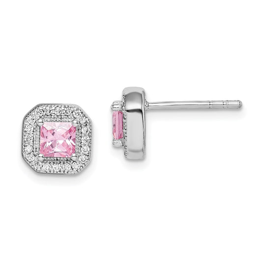 Sterling Silver Rhodium Plated Square Pink Cubic Zirconia and Clear Cubic Zirconia Post Earrings, October