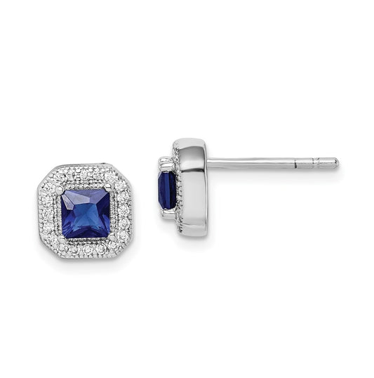 Sterling Silver Rhodium Plated Square Blue and Clear Cubic Zirconia Post Earrings, September