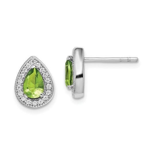 Sterling Silver Rhodium Plated Green and Clear Cubic Zirconia Post Earrings, August