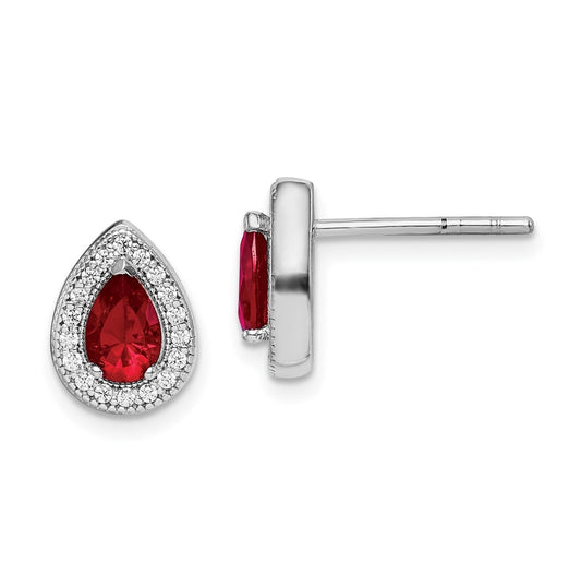 Sterling Silver Rhodium Plated Red and Clear Cubic Zirconia Post Earrings, January
