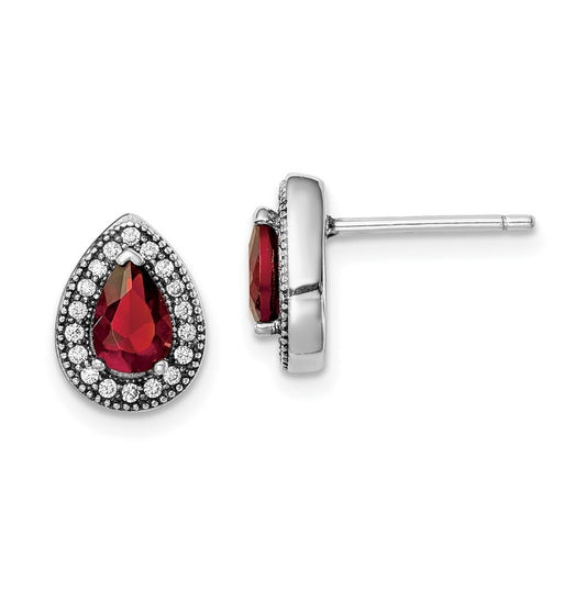 Sterling Silver Rhodium plated Red and Clear Cubic Zirconia Post Earrings, July