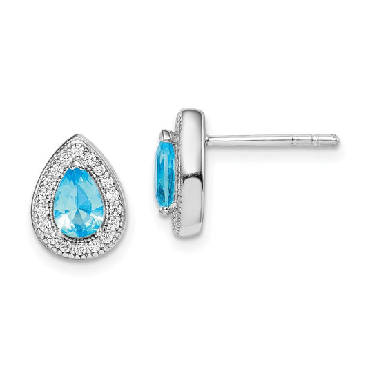 Sterling Silver Rhod Plated Blue and Clear Cubic Zirconia Post Earrings, March