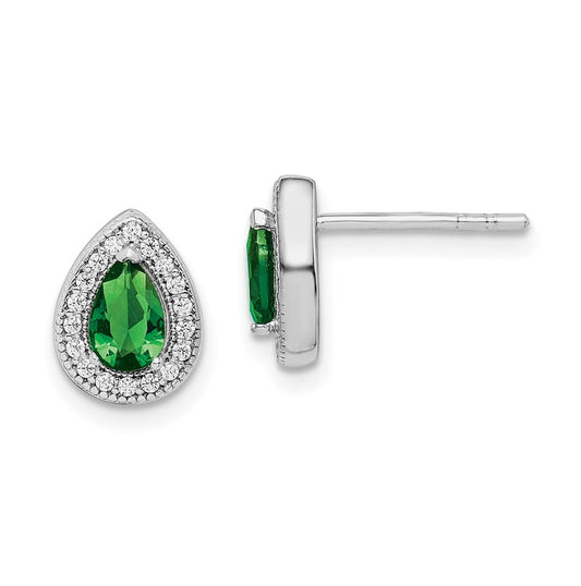 Sterling Silver Rhodium Plated Green and Clear Cubic Zirconia Post Earrings, May