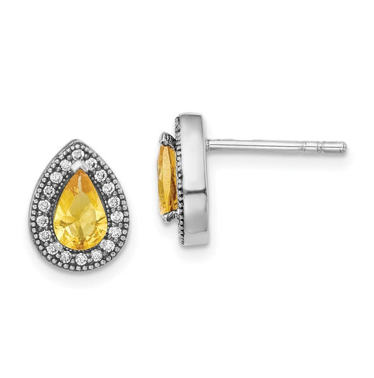 Sterling Silver Rhodium plated Yellow and Clear Cubic Zirconia Post Earrings, November