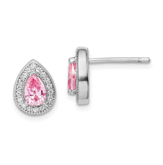 Sterling Silver Rhodium Plated Pink and Clear Cubic Zirconia Post Earrings, October