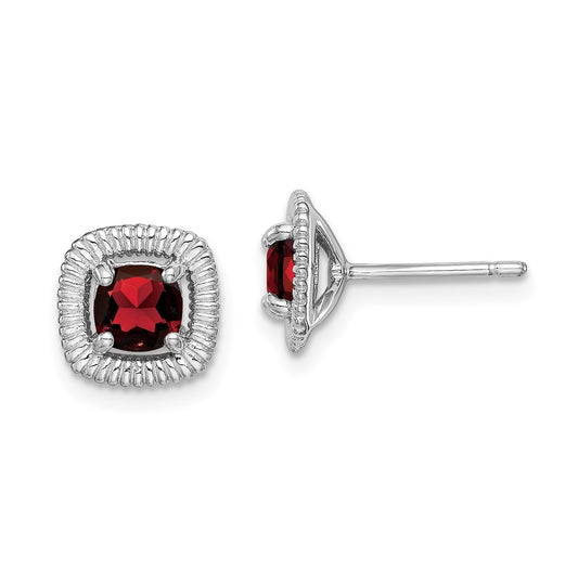 Sterling Silver Rhodium Plated Garnet Square Post Earrings
