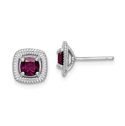 Sterling Silver Rhodium Plated Rhodolite Garnet Square Post Earrings